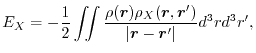 $\displaystyle E_X
=
-\frac{1}{2} \iint \frac{\rho(\vec r)\rho_X(\vec r, \vec r')}{\vert\vec r - \vec r'\vert} d^3r d^3r'
,$