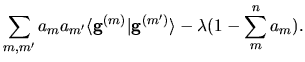 $\displaystyle \sum_{m,m'}
a_{m}a_{m'}
\langle {\bf g}^{(m)} \vert {\bf g}^{(m')} \rangle
-\lambda (1-\sum_{m}^{n} a_{m}).$