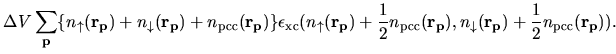 $\displaystyle \Delta V
\sum_{\bf p}\{n_{\uparrow} ({\bf r}_{\bf p})
+ n_{\downa...
...{\bf p}),
n_{\downarrow}({\bf r_p})
+\frac{1}{2} n_{\rm pcc}({\bf r}_{\bf p})).$